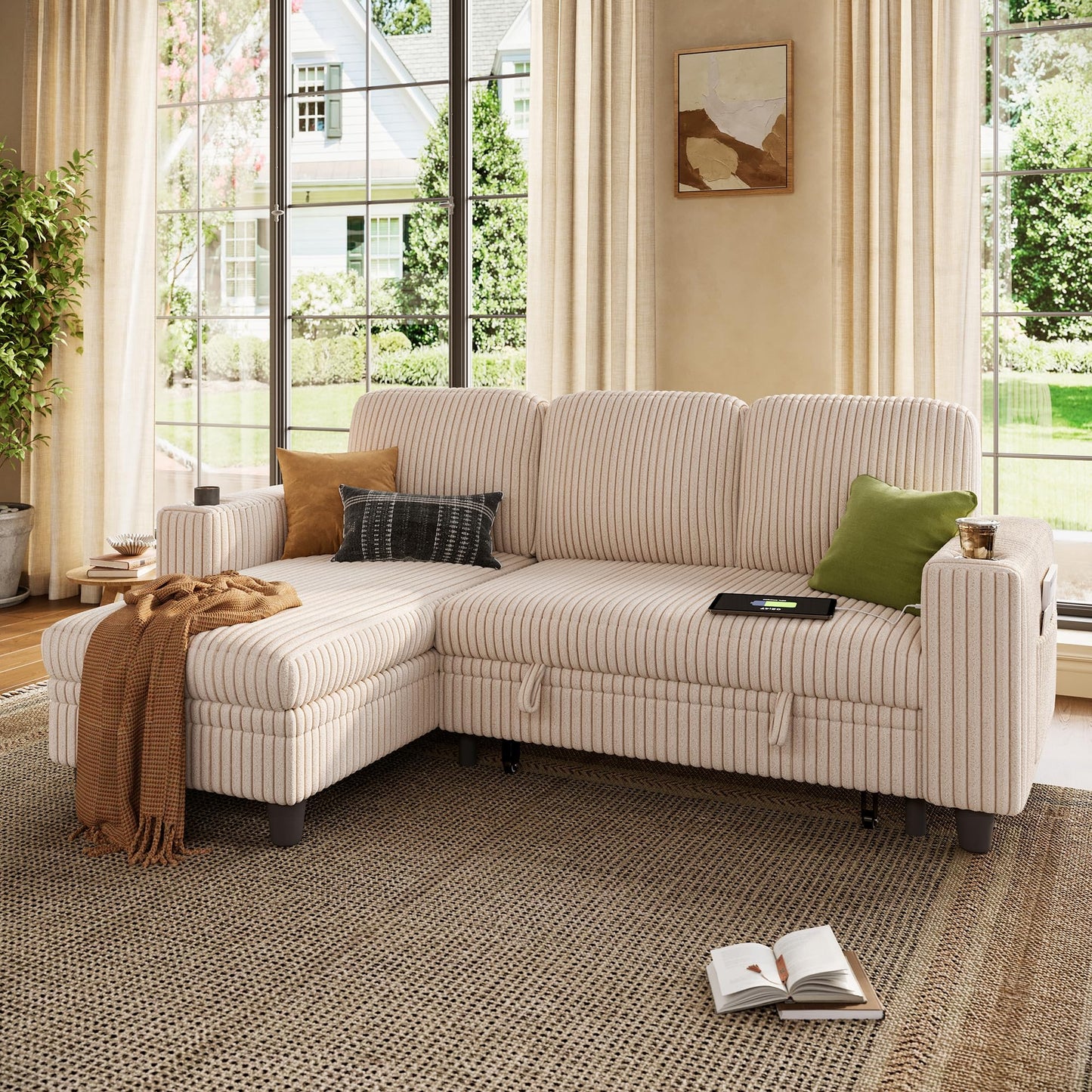 LINSY HOME Sectional Sleeper Sofa Pull Out Couches for Living Room (Beige, Sleeper Sofa 1) | Pull Out Sofa Bed, Storage, USB Charging, Cup Holders, Plush Corduroy