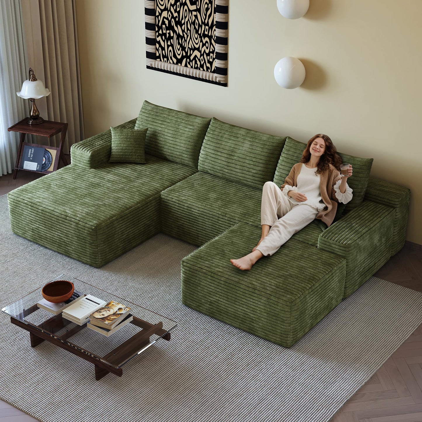 37.4 Inch Oversized Ottoman for Couch, Corduroy Upholstered Footrest with Compressed Memory Foam, Modular Sectional Cloud Pouf, No Assembly Required, DIY Combination, Green