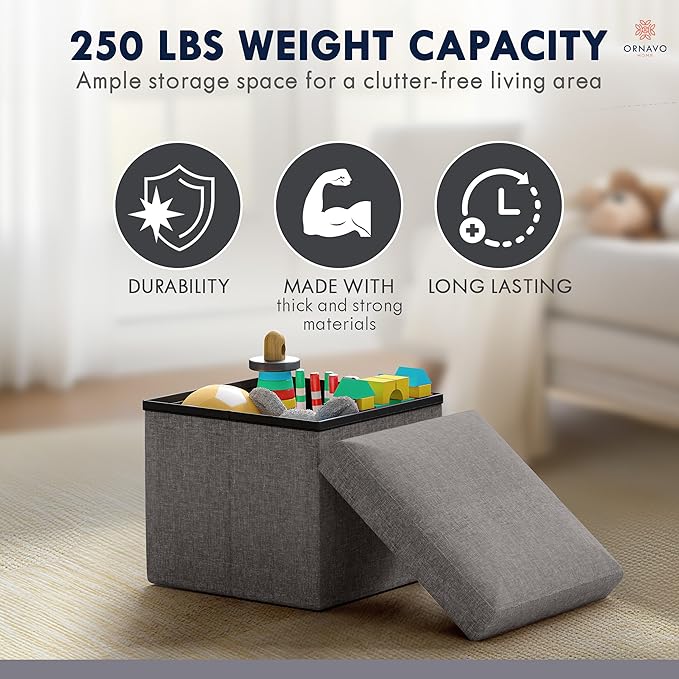 Ornavo Home Small Storage Ottoman Foldable Collapsible Cube Square Linen
