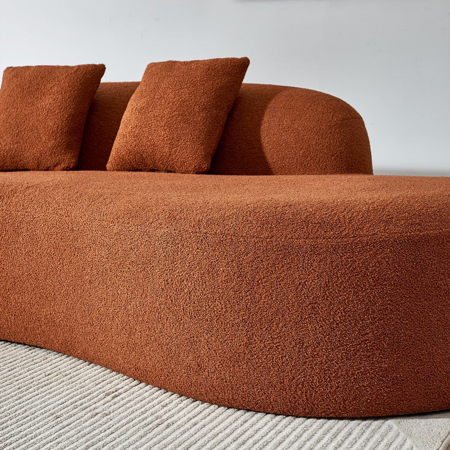 BBTJOINT Modern Curved Sectional Sofa, Boucle Fabric Boneless Couch, Oval Shape Chaise Lounge for Living Room with 3 Throw Pillows, (Burnt Orange)