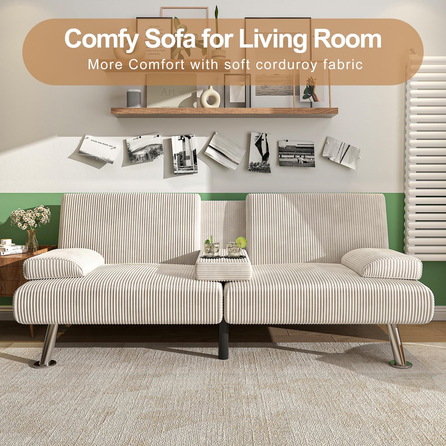 Shahoo Modern Upholstered Convertible Folding Futon Sofa Bed with Removable Armrests, Metal Legs, 2 Cup Holders for Living Room, Beige