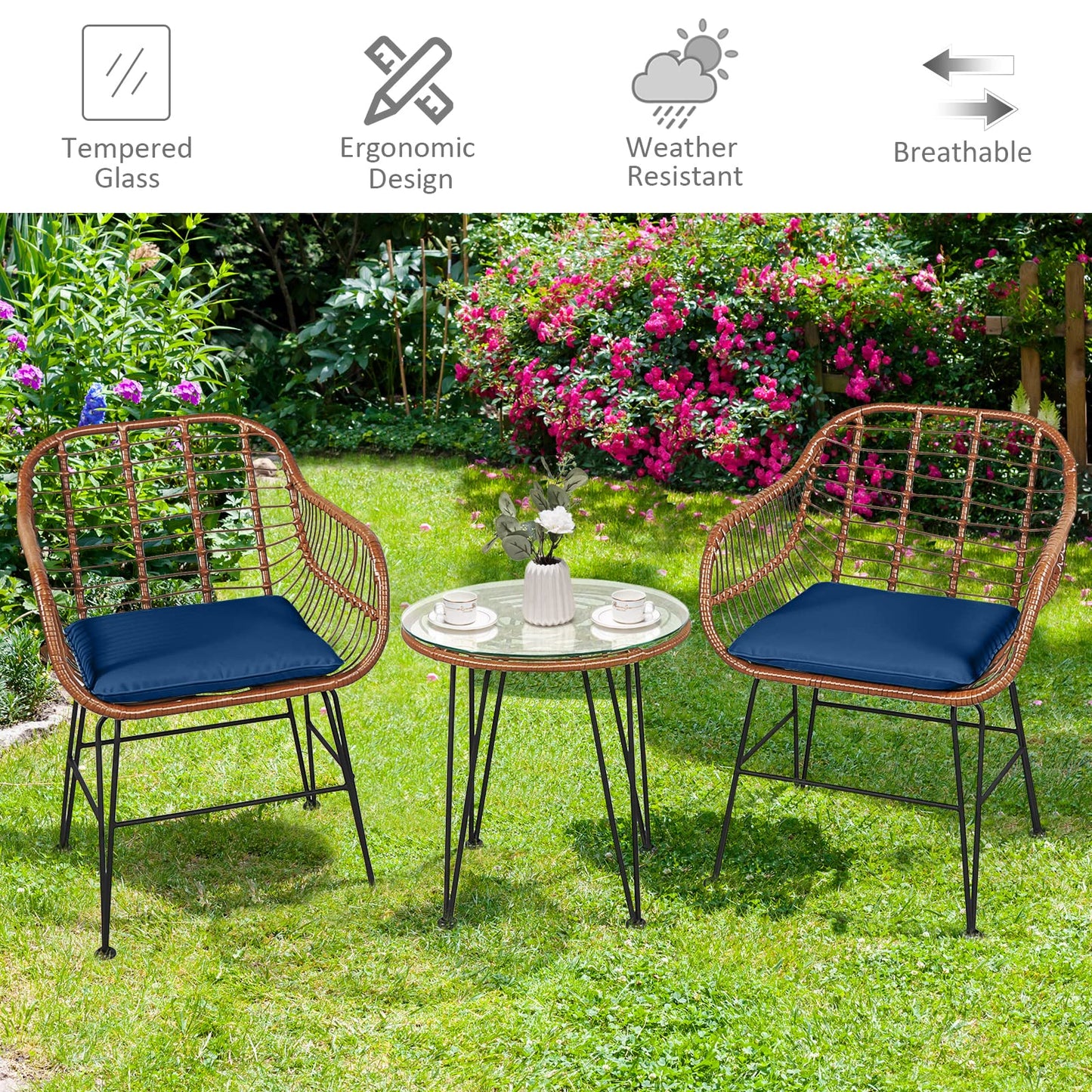 Tangkula 3 Pieces Patio Conversation Bistro Set, Outdoor Wicker Furniture w/Round Tempered Glass Top Table & 2 Rattan Armchairs, Bistro Chat Set w/Seat Cushions for Porch, Backyard, Garden