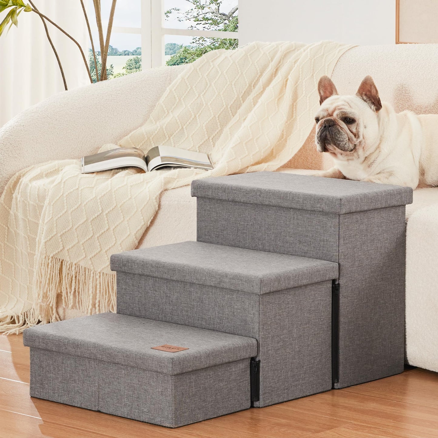 Love's cabin Dog Stairs for High Bed 18" H, Foldable Pet Stairs for Small Medium or Large Dogs Puppy with Storage for Bed or Couch, Cat Dog Steps Ramp with Zip up to 200 lbs, Solid Grey, 3 Steps