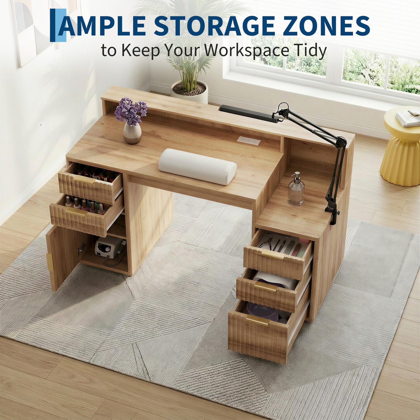Doppeltcharms Computer Desk with Drawers and Printer Cabinet, Fluted Door Storage Home Office Desk, Space-Saving Study Writing Table with Cabinet for Bedroom and Small Spaces, Nature