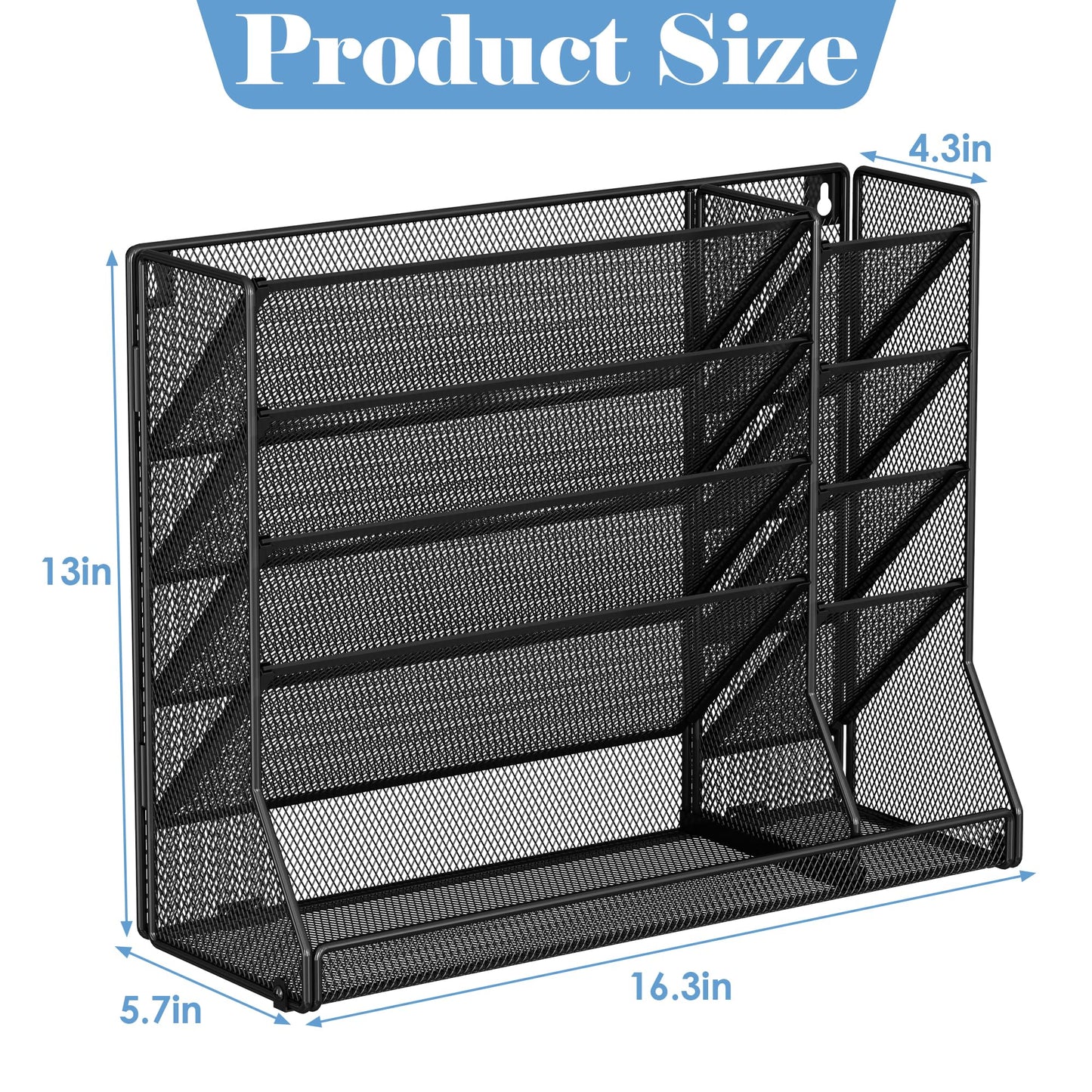 Jakyitvi File Organizer Wall Mounted, 4 Tiers Durable Adjustable Metal Desk Organizer, Desktop Hanging File Holder with 4 Pen Slots Stable, 4 Pull-Out Divider for File, Mail, Black, Patent Pending