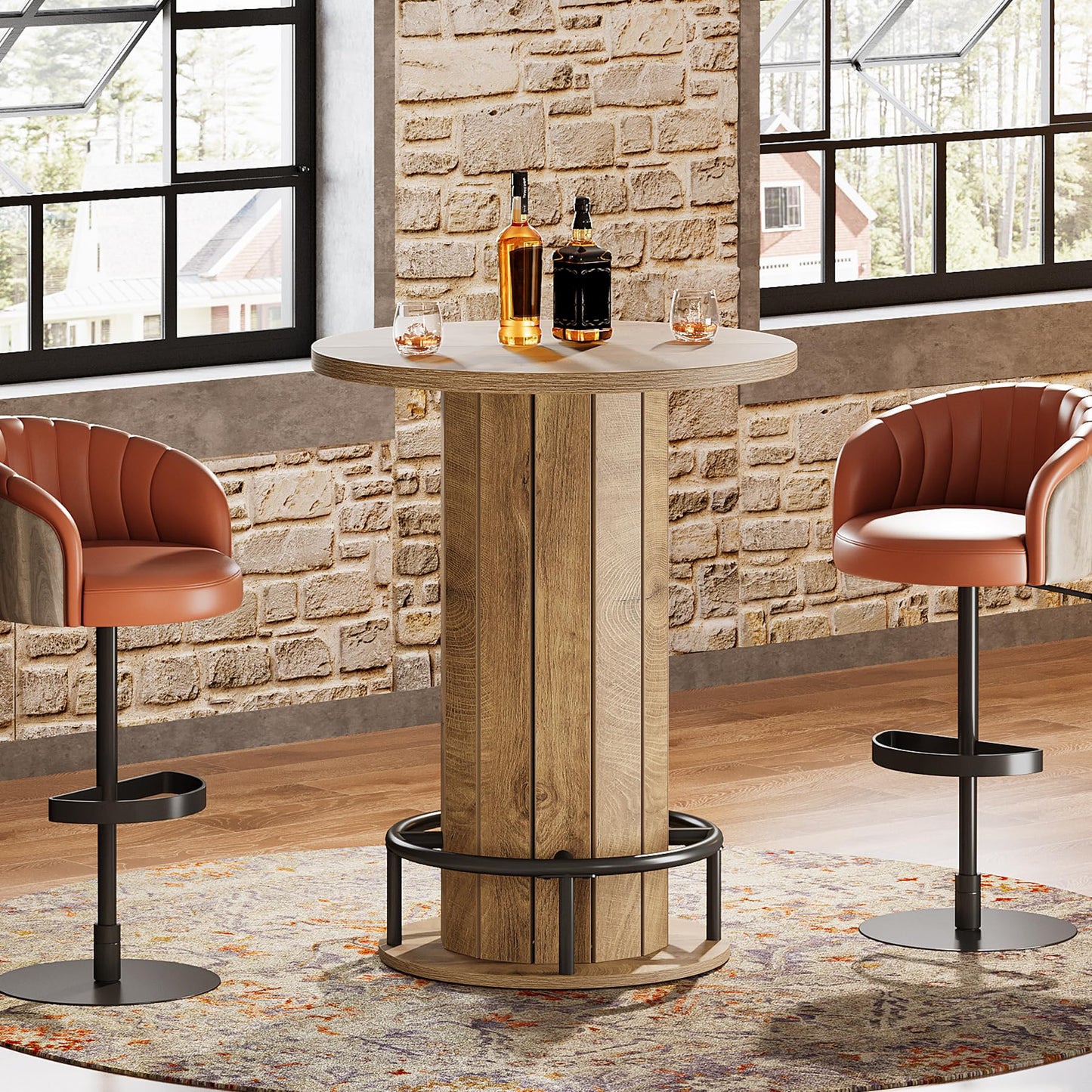 Tribesigns Round Bar Table, 39.4" H Wood Bistro Pub Table with Metal Ring Footrest for Dining Coffee Cocktail Living Room, Small Space, Light Brown (Only Table)