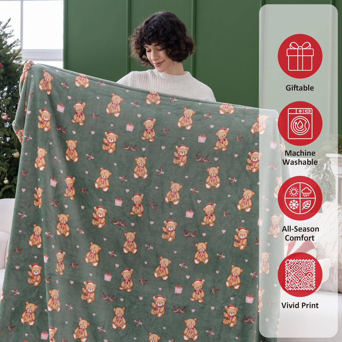 Sushing Christmas Printed Fleece Throw, Soft Plush Warm Festive, Cozy Couch Decor, 60"× 70", Teddy Bears