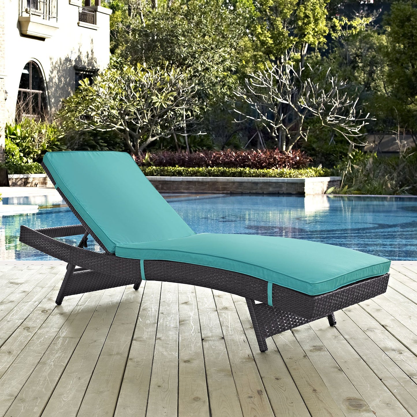 Modway Convene Wicker Rattan Outdoor Patio Chaise Lounge Chair in Espresso Turquoise