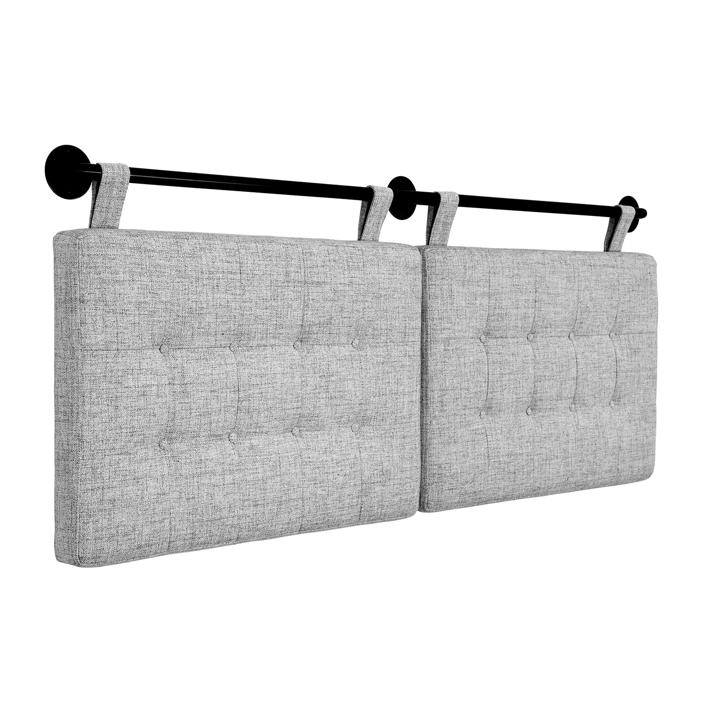 Nathan James Remi Queen Size Grey Button Tufted Wall Mount Headboard, Padded Upholstered Fabric Panels, Adjustable Height Straps with Black Matte Metal Rail, Grey/Black