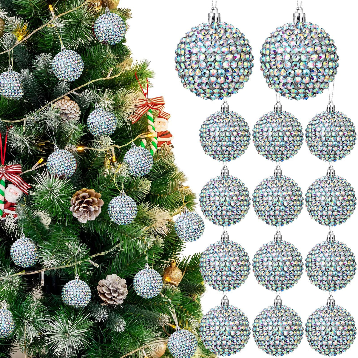 Sosation 12 Pcs Rhinestone Christmas Ornaments Ball 2.36 Inch Sparkly Glitter Christmas Tree Decoration Silver Glitter Xmas Hanging Balls for Xmas Gifts Home Decoration Wedding Party