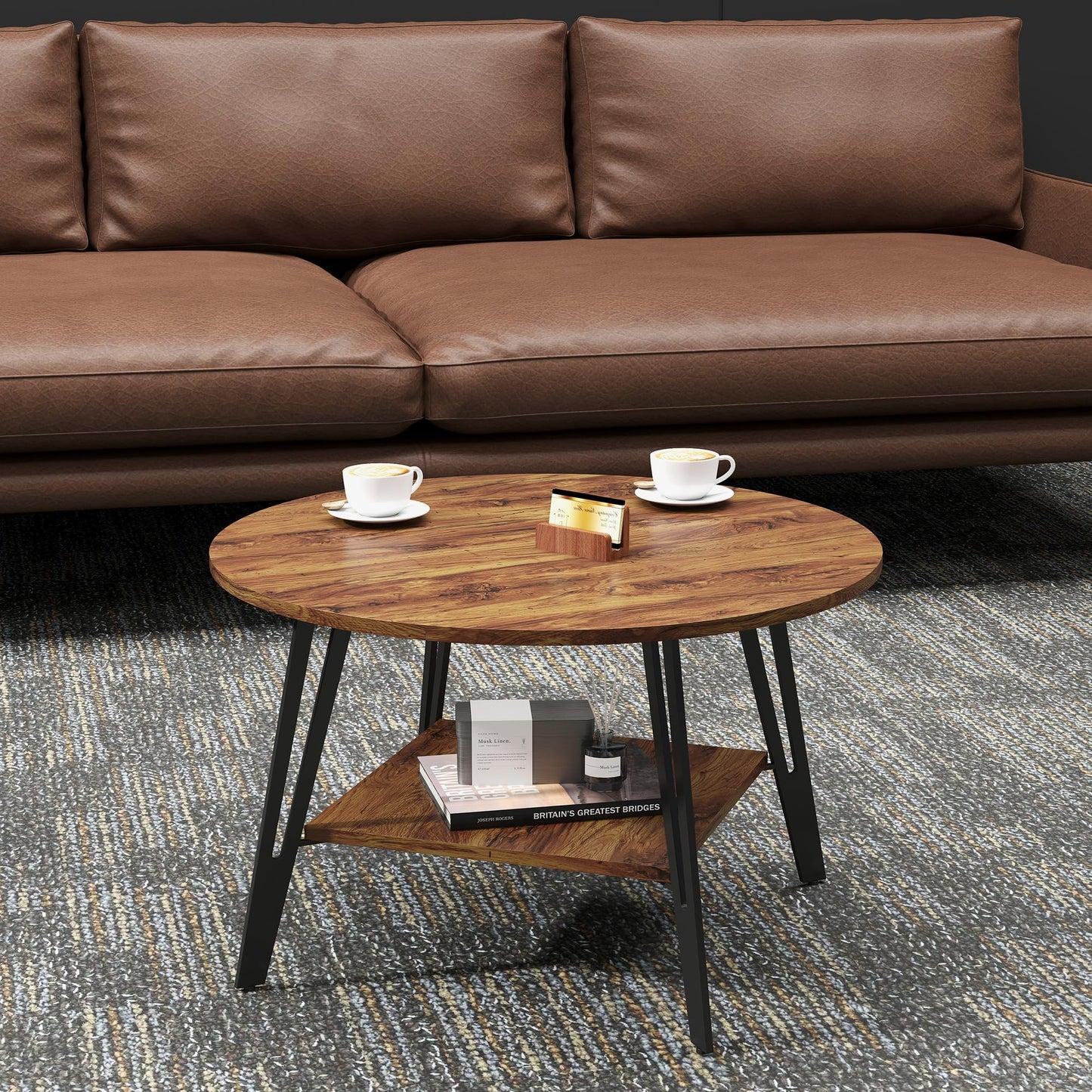 Manora Round Coffee Table, Modern Wood Round Center Table with Storage Shelf, Small Circle Coffee Table for Living Room, Home Office, Small Space, Apartment, Rustic Brown