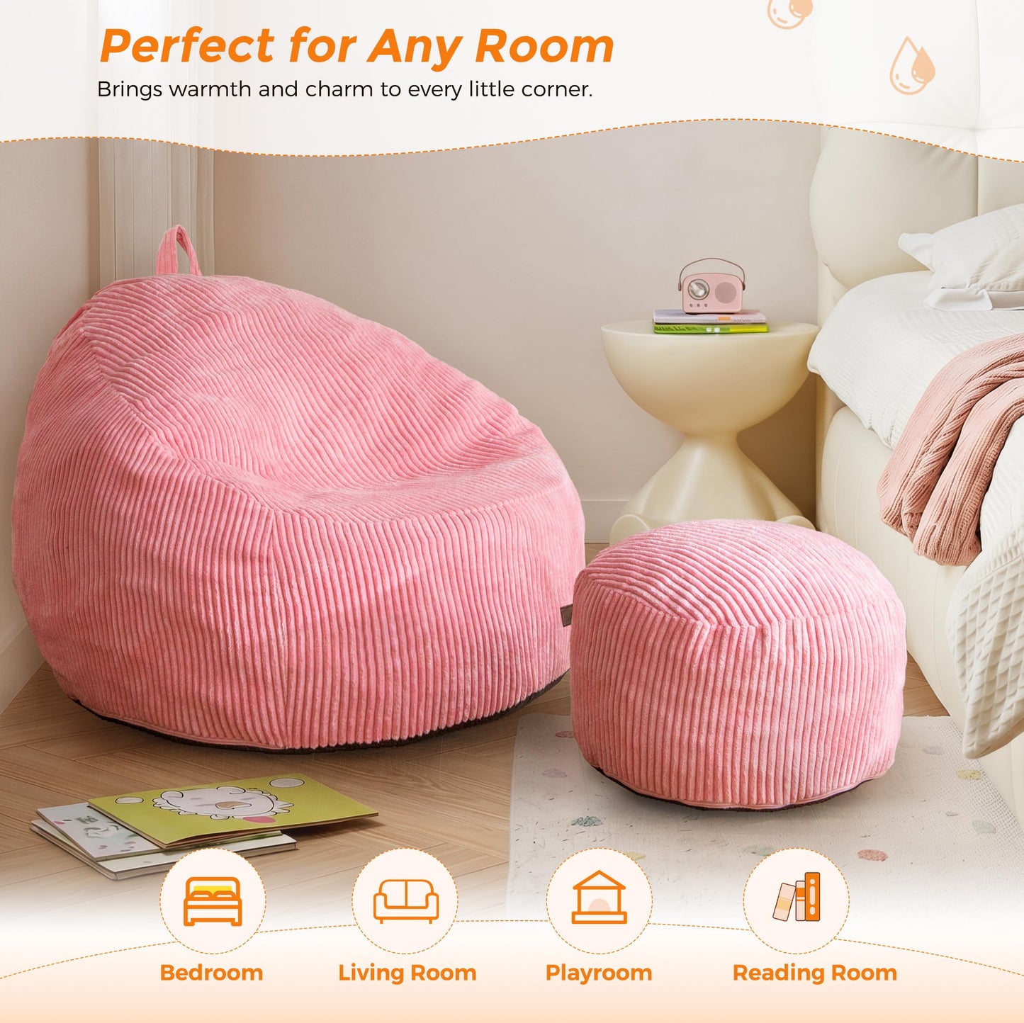 MAXYOYO Kids Bean Bag Chair with Ottoman, Soft Plush Bean Bag Sofa with Removable Cover for Boys and Girls, Convenient Floor Seat with Handle, Comfy Toddler Lounge Chair for Playroom, Bedroom, Pink