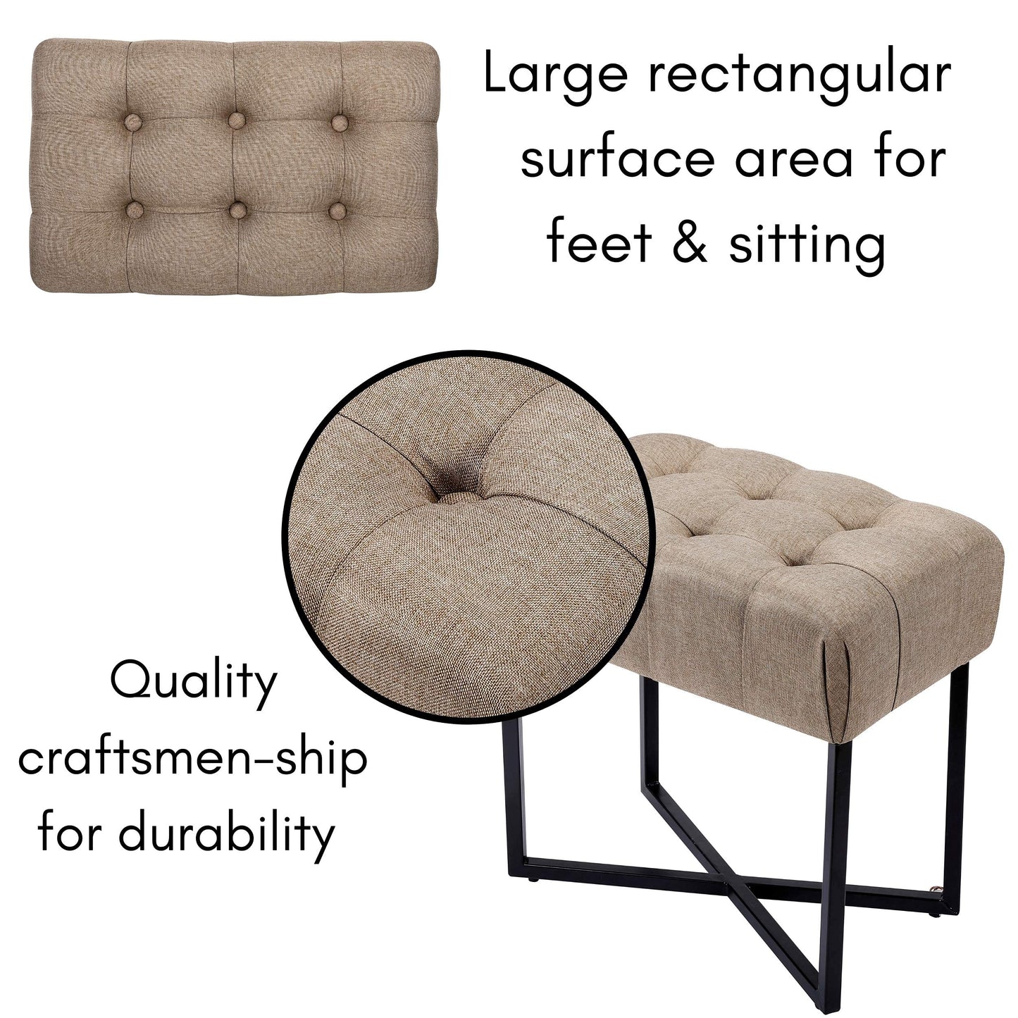 BIRDROCK HOME Rectangle Tufted Linen Ottoman Foot Rest - 19.7x11.82x17.73” Small Foot Stool with Legs - Padded Footrest Modern Ottomans for Living Room Furniture, Bedroom Footstool (Beige)