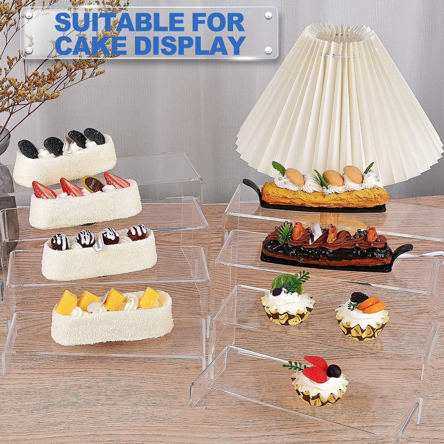 Aheroi Display Risers, 16 Pcs 4 Set(7”L~8”L~9”L) Acrylic Riser Display Shelf, Clear Risers Display Stands, Rectangular Acrylic Risers for Decor Display, Cupcake Candy Shoe Showcase Stands