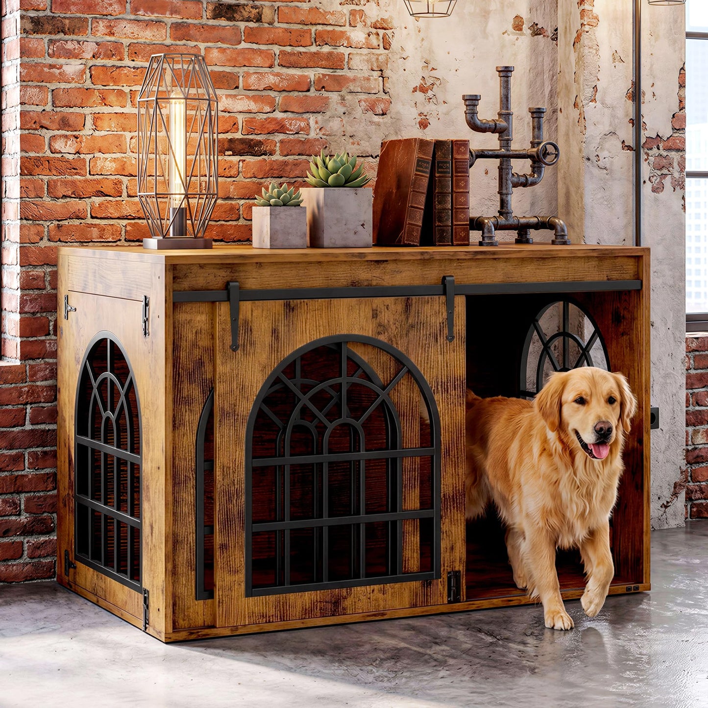 IRONCK 45.1" Dog Crate Furniture with Sliding Barn Door – Mid-Century Modern Wooden Dog Kennel, 2-in-1 TV Stand & Console Table with 3 Hooks, Chew-Resistant, Brown
