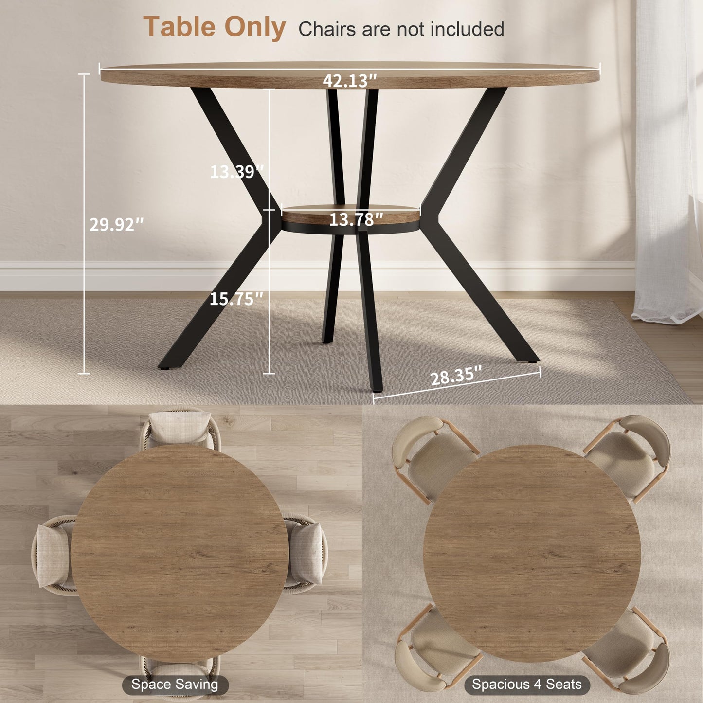 MECHYIN 42" Round Dining Table for 2-4, Farmhouse Kitchen Table with Storage, Space Saving Circle Dinner Table, Rustic Light Wood Kitchen & Dining Room Tables with Metal Legs for Kitchen, Dining Room