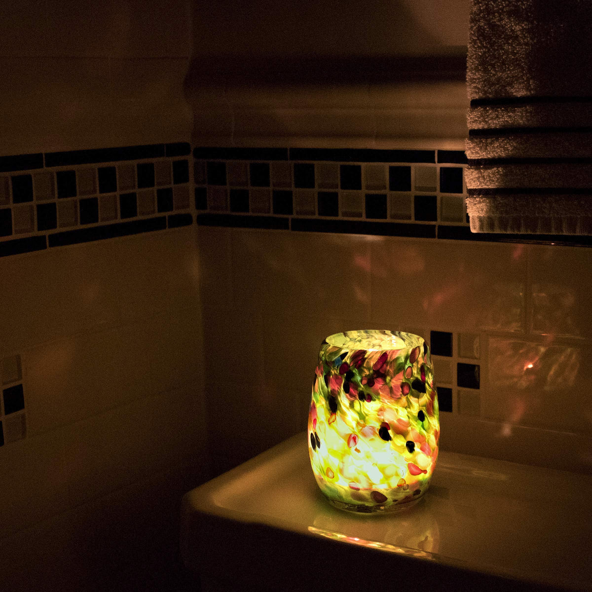 Totally Blown Glassworks Votive Candle Holder, Tea-Light, Handmade Blown Glass, Accent Vase, Centerpiece, Home Decor, Artist Dehanna Jones, Seattle, WA. (Green MM Enchanted Forest)