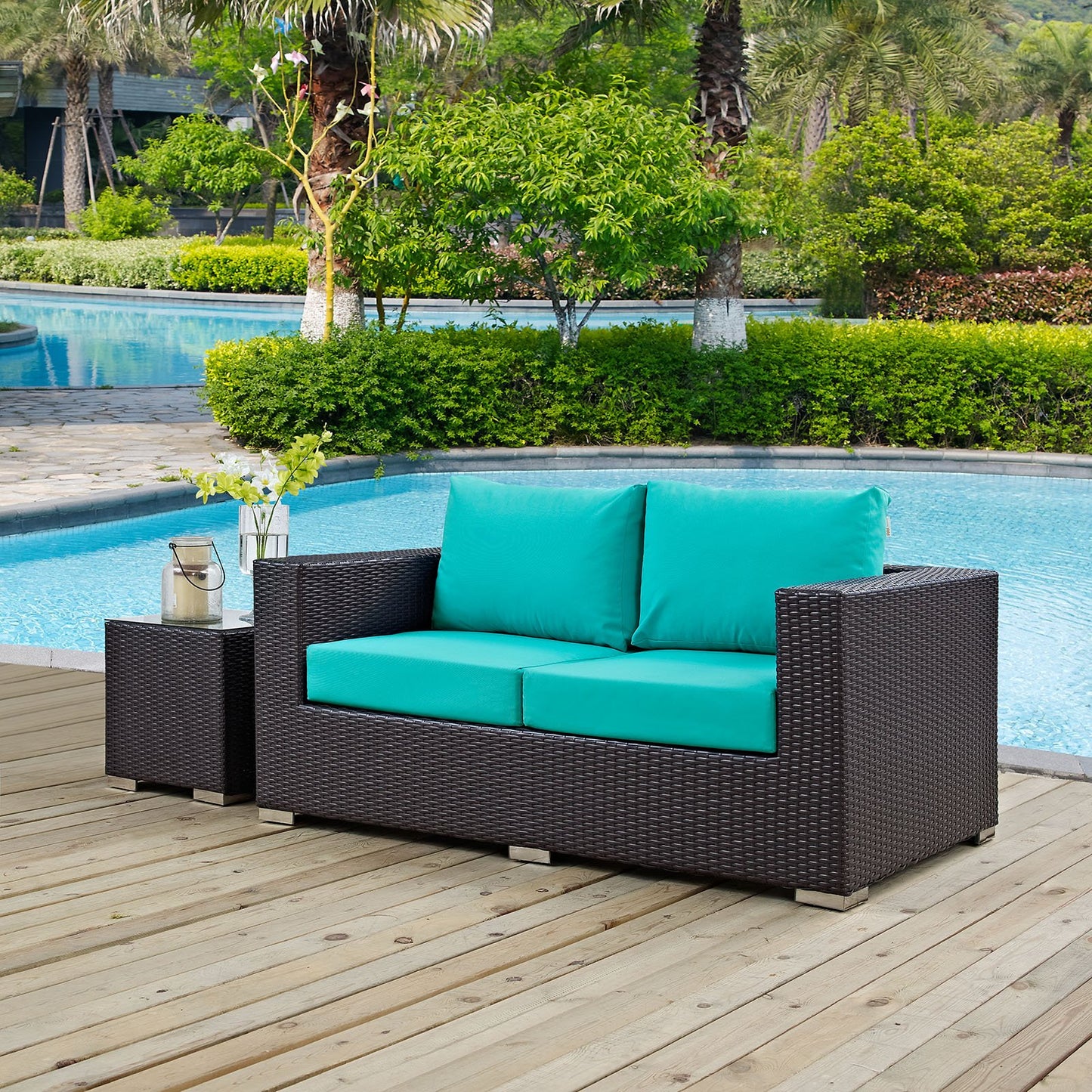 Modway Convene Wicker Rattan Outdoor Patio Loveseat in Espresso Turquoise