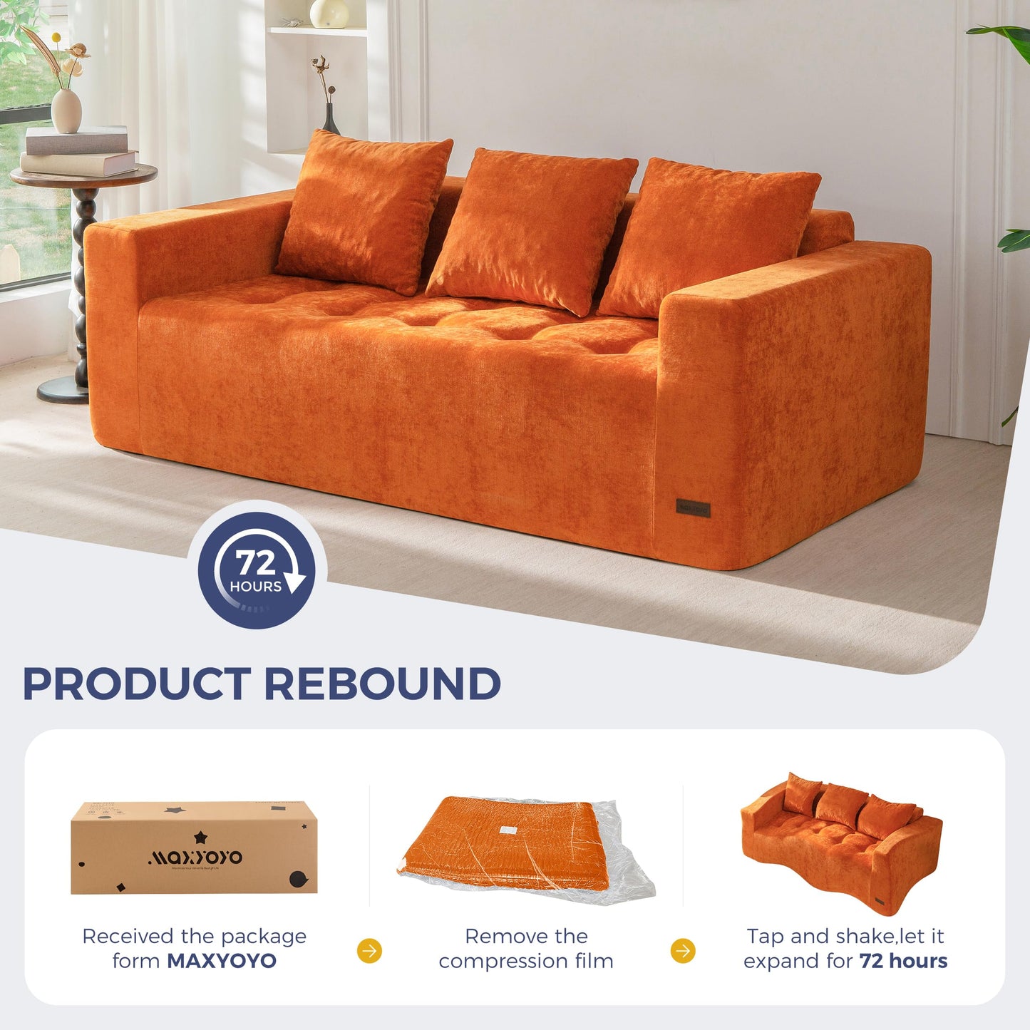 MAXYOYO Modular Sofa Couch, 75" Oversized Loveseat Boneless Cloud Couch with Deep Seat, Chenille Upholstered Living Room Comfy Sofa Chair for Living Room, No Assembly Required, Orange