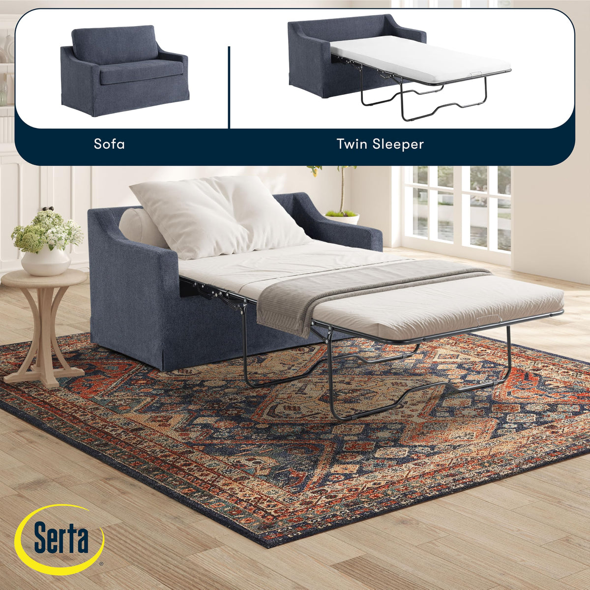 Serta® Harper 53.3” Twin Pullout Sofa Bed, Easy Assembly, USB Power Ports, Soft Modern, Sloped, Woven Fabric