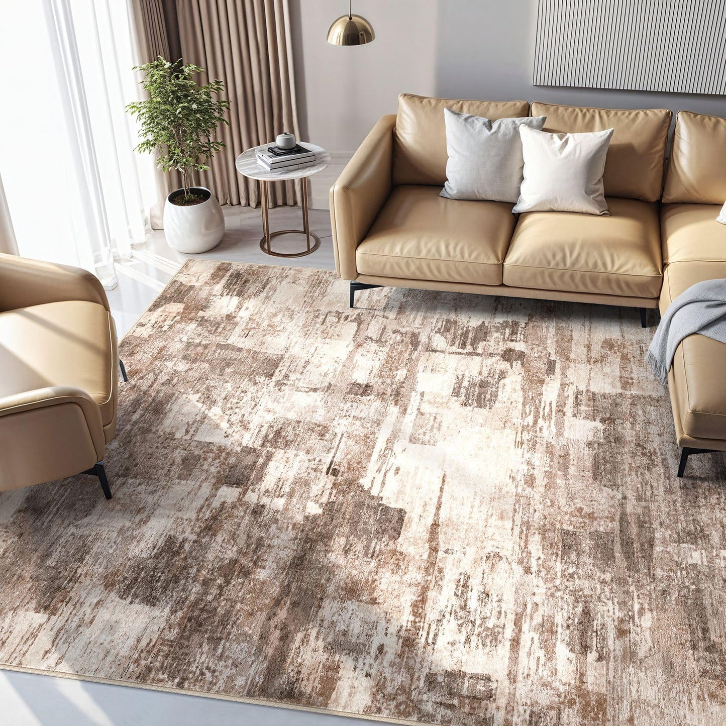 kakania 6x9 Washable Area Rug - Abstract Soft Non-Slip Modern Low-Pile Carpet for Living Room Bedroom Office Dorm, Kid Pet Safe Robot Vacuum Friendly - Brown