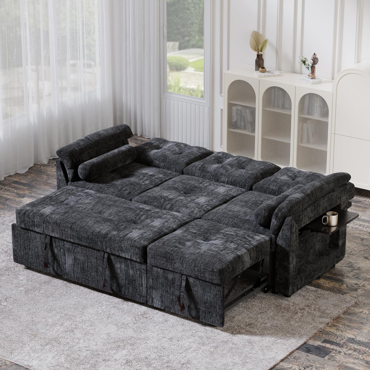 Trygoal Convertible Sleeper Sofa Bed, 63 Inch Chenille Pull Out Couch with Side Table & Adjustable Backrest, Sectional Sleeper Sofa with Pull Out Bed for Living Room, Apartment, Black