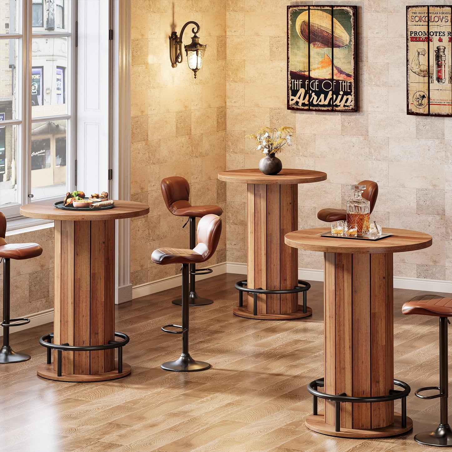 Tribesigns Round Bar Table, 39.4" H Wood Bistro Pub Table with Metal Ring Footrest for Dining Coffee Cocktail Living Room, Small Space, Walnut Brown (Only Table)