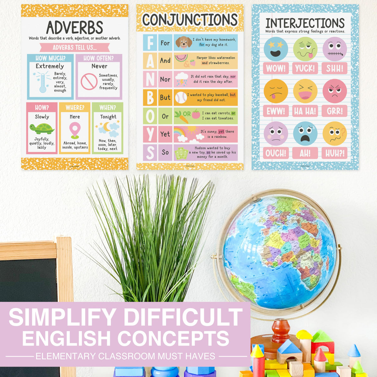 Parts of Speech Posters for Classroom Must Haves - 12 English Grammar Posters, Writing Process Language Arts for Homeschool, Elementary & Middle School, ELA 3rd 4th & 5th Grade Pastel Classroom Decor
