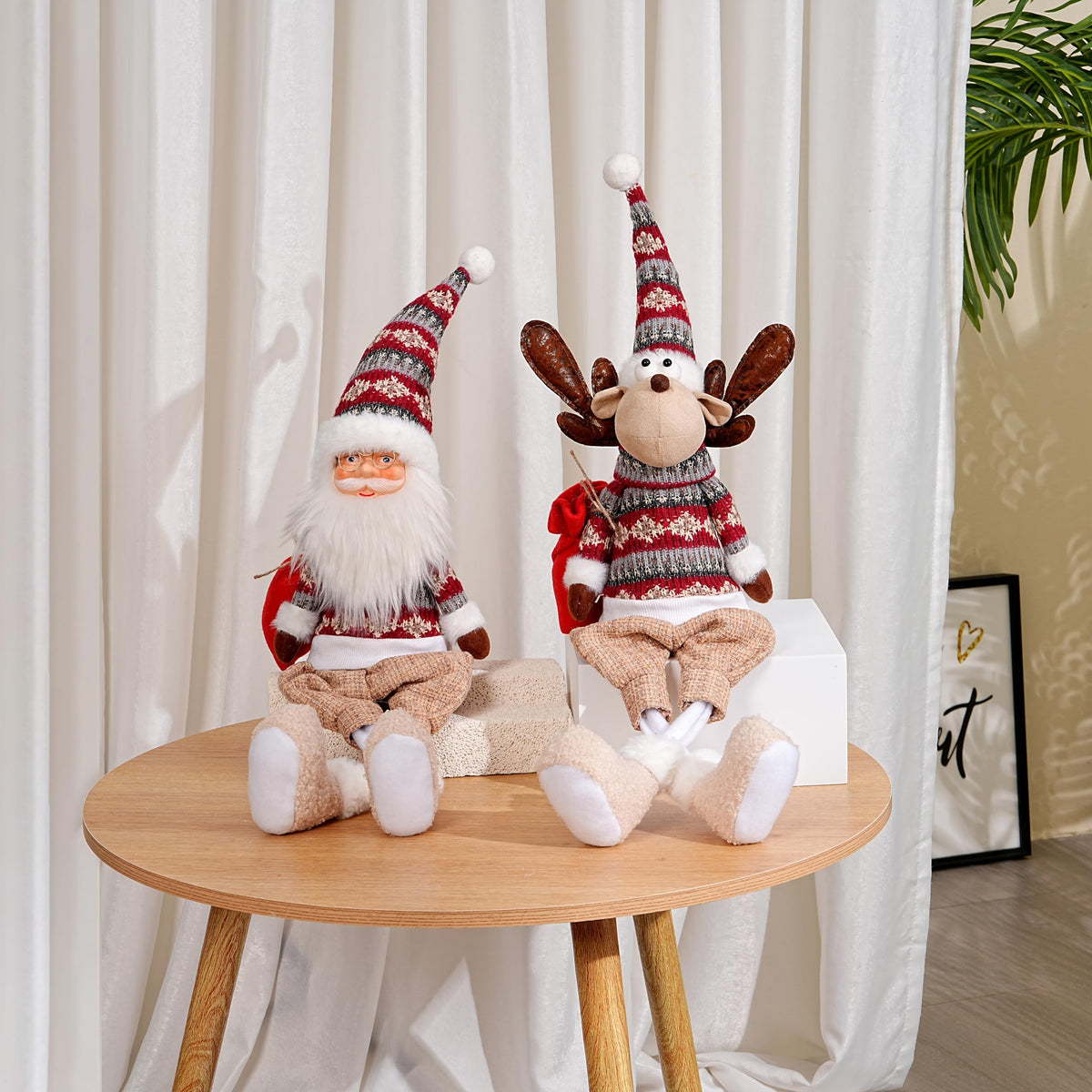 Dedrian11 23.6’’ Christmas Sitting Reindeer Shelf Sitter Decor, Long Dangling Legs, Poseable Wired Hat & Arms, Nordic Knit Sweater, Mantel Shelf Tabletop Ornament, Weighted Bottom