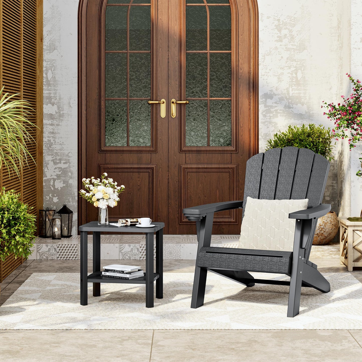 KAMABOKO Outdoor Side Table, 2-Tier Adirondack Square Patio Table, HDPE End Tables for Backyard Pool Porch Lawn, Easy Maintenance & Weather Resistant, Black