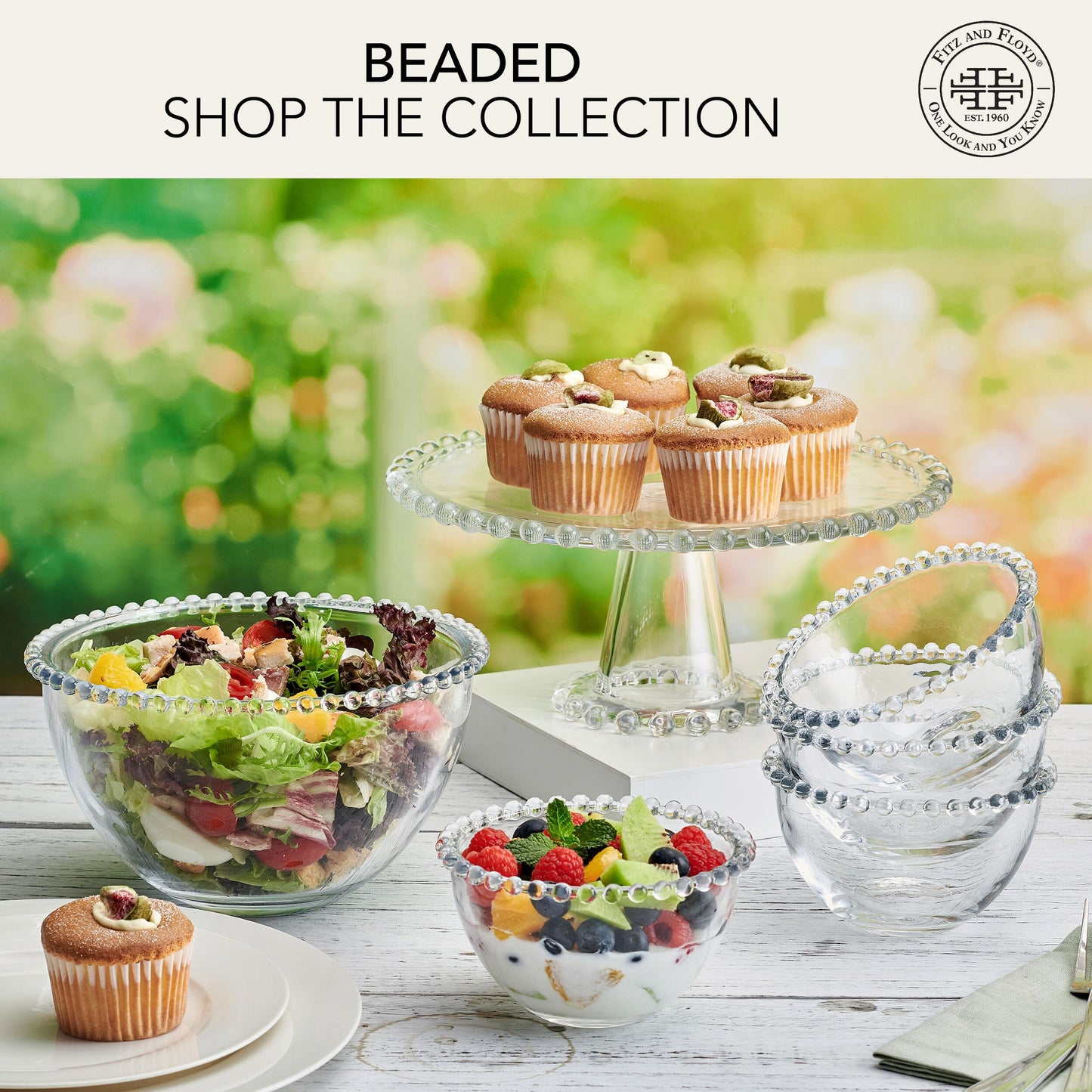 Fitz & Floyd Beaded Large Glass Cake Stand, 10.75 Inch Clear Glass Pedestal Cake Stand for Desserts, Appetizers, and Entertaining
