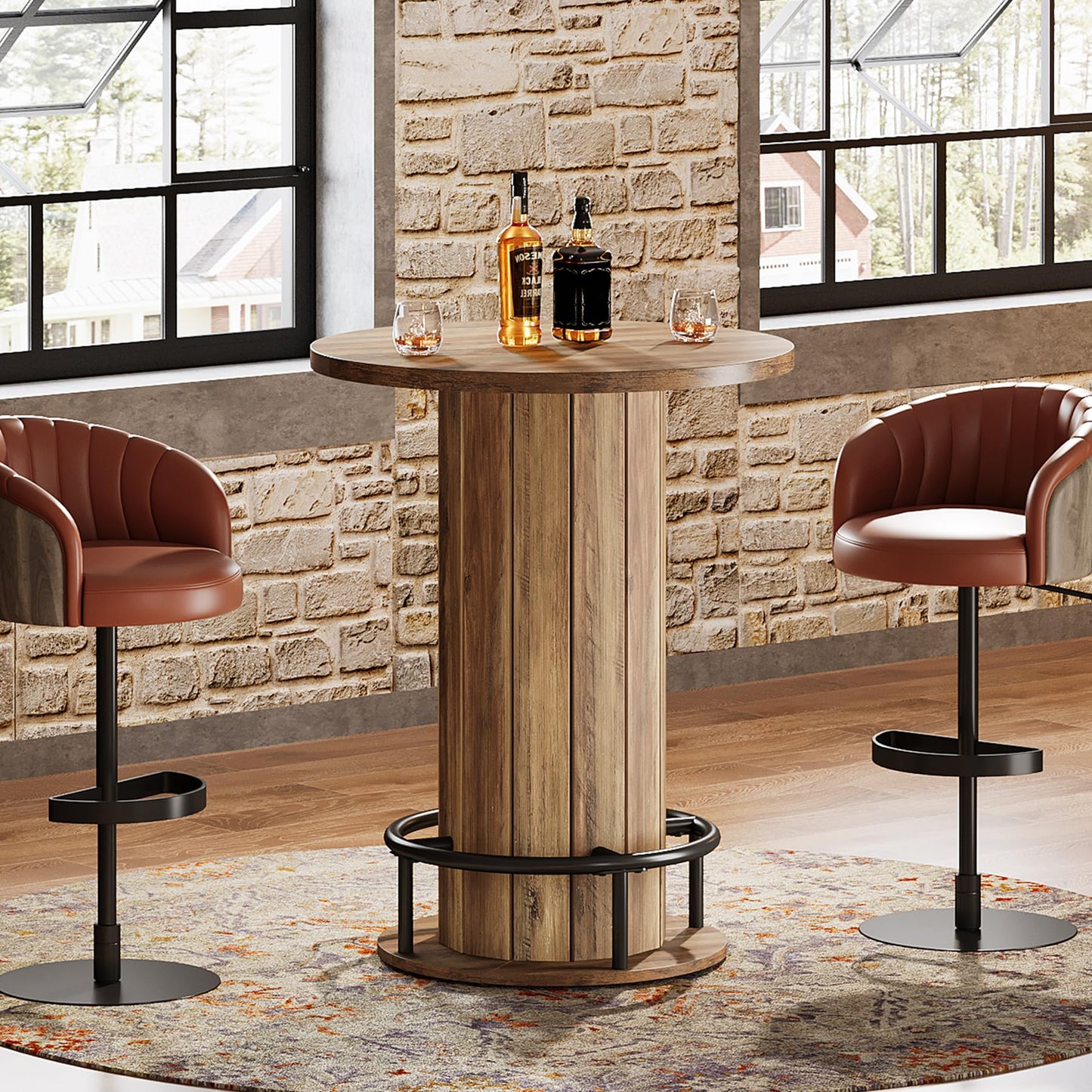 Tribesigns Round Bar Table, 39.4" H Wood Bistro Pub Table with Metal Ring Footrest for Dining Coffee Cocktail Living Room, Small Space, Brown(Only Table)