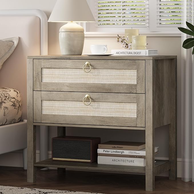 Xixini Nightstand Set of 2, Rattan Boho Bedside Table