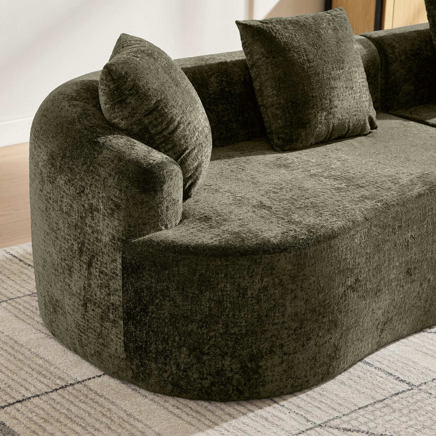 Sectional Sofa, Curved Cloud Sofa Couch, Chenille Full Sponge Chaise for Living Room, Apartment (Olive Green, 110 Inch)