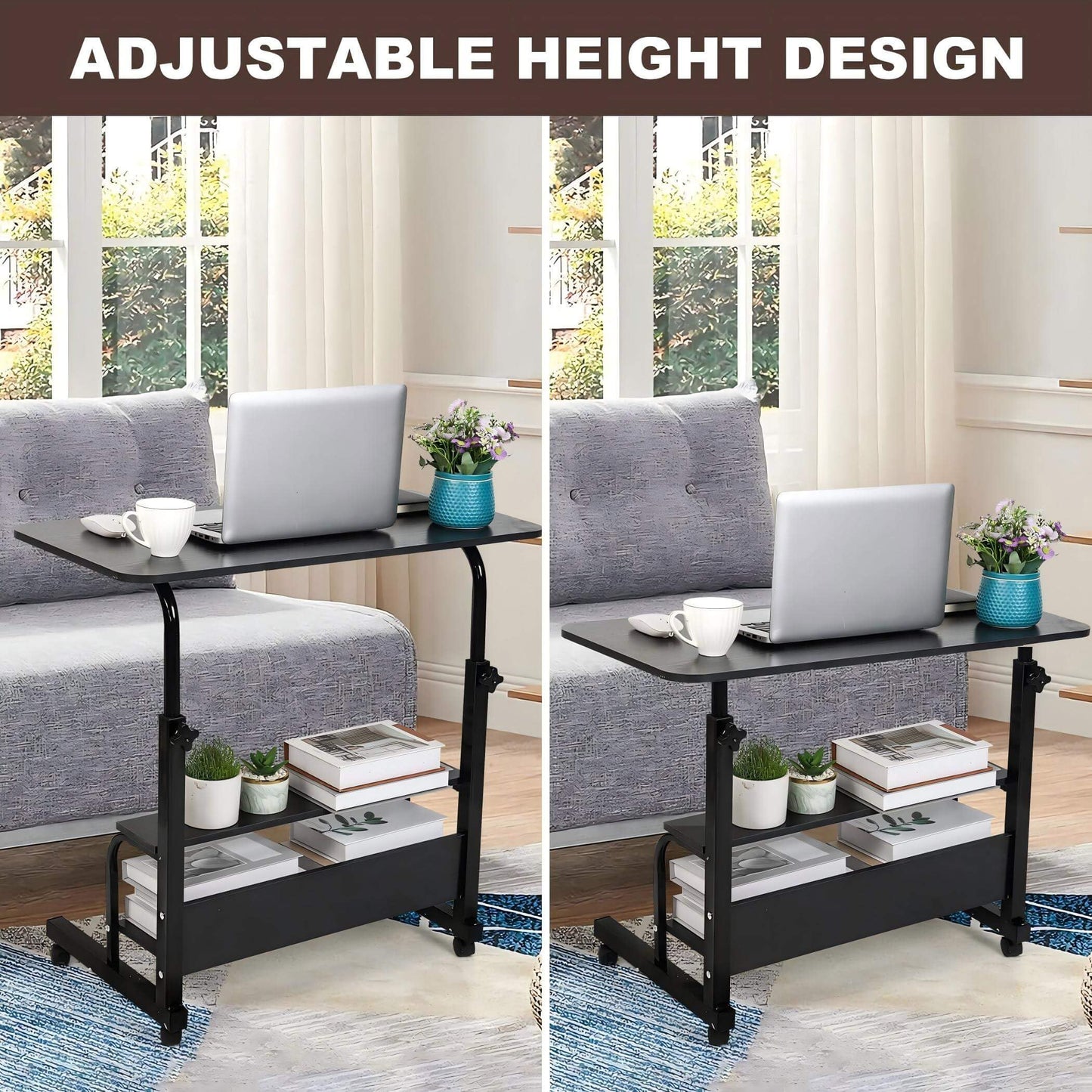 Fawabriyj Adjustable Laptop Standing Desk - Mobile Rolling Computer Workstation for Small Spaces, Portable Home Office Desk with Storage Black