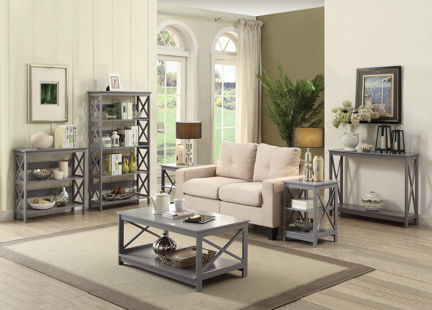 Convenience Concepts Oxford Corner Bookcase 12" - 5-Tier Slim Farmhouse Bookcase for Modern Living & Family Room, Media Storage Organizer for Home Office Library, Tall Shelving Unit, Gray