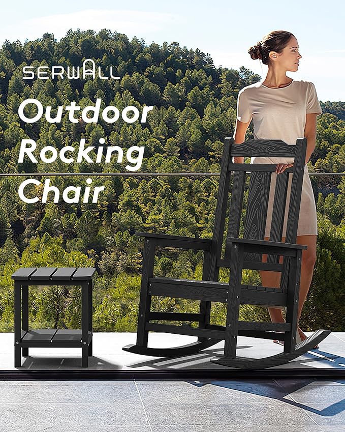 SERWALL Black Outdoor Rocking Chair Set of 2, All Weather Patio Rocking Chair