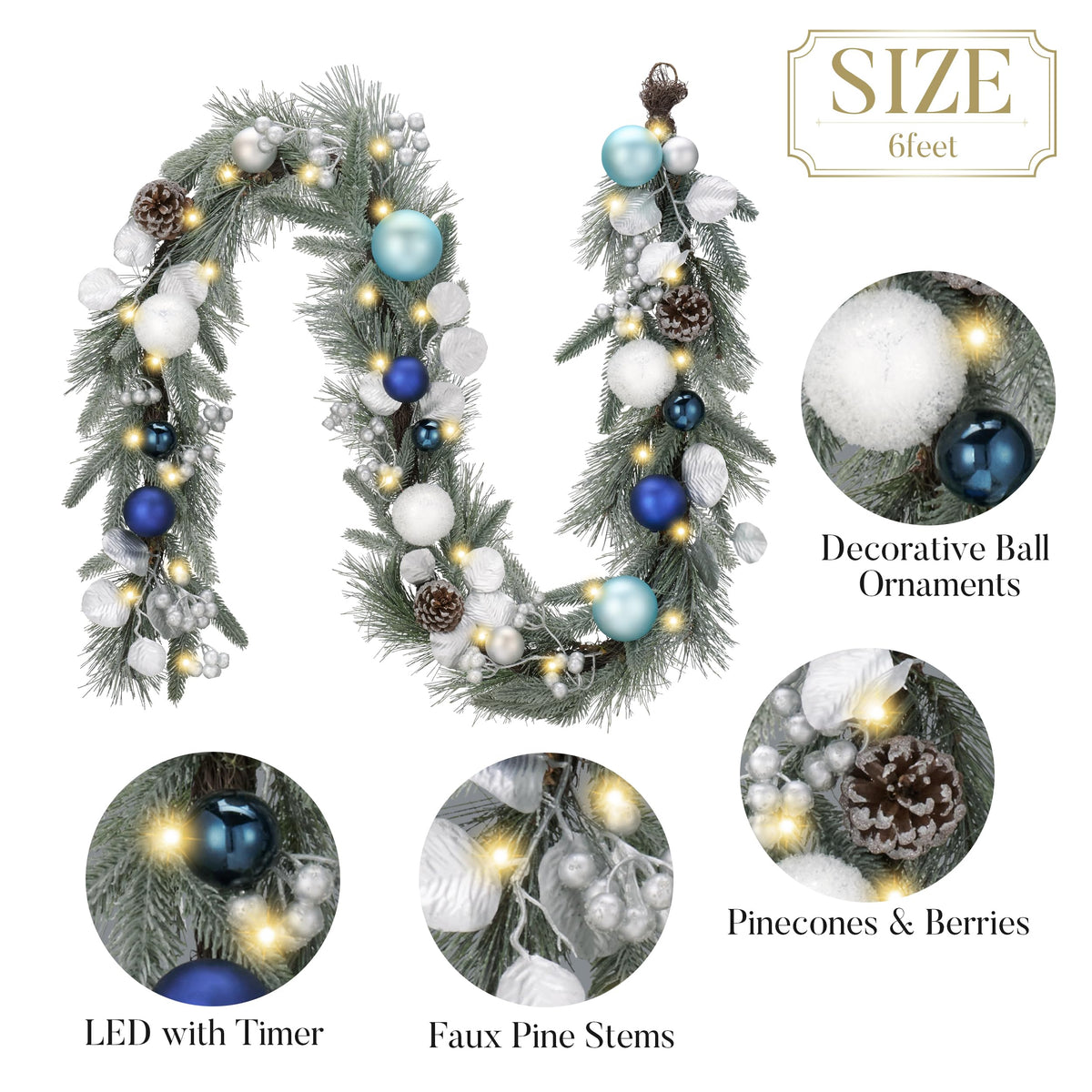 Valery Madelyn 6 Ft Pre-Lit Christmas Garland with Lights for Mantle, Lighted Outdoor Xmas Garland with Silvery Blue Balls Norfolk Pine for Home Stairs Fireplace Table Centerpiece Indoor Holiday Decor