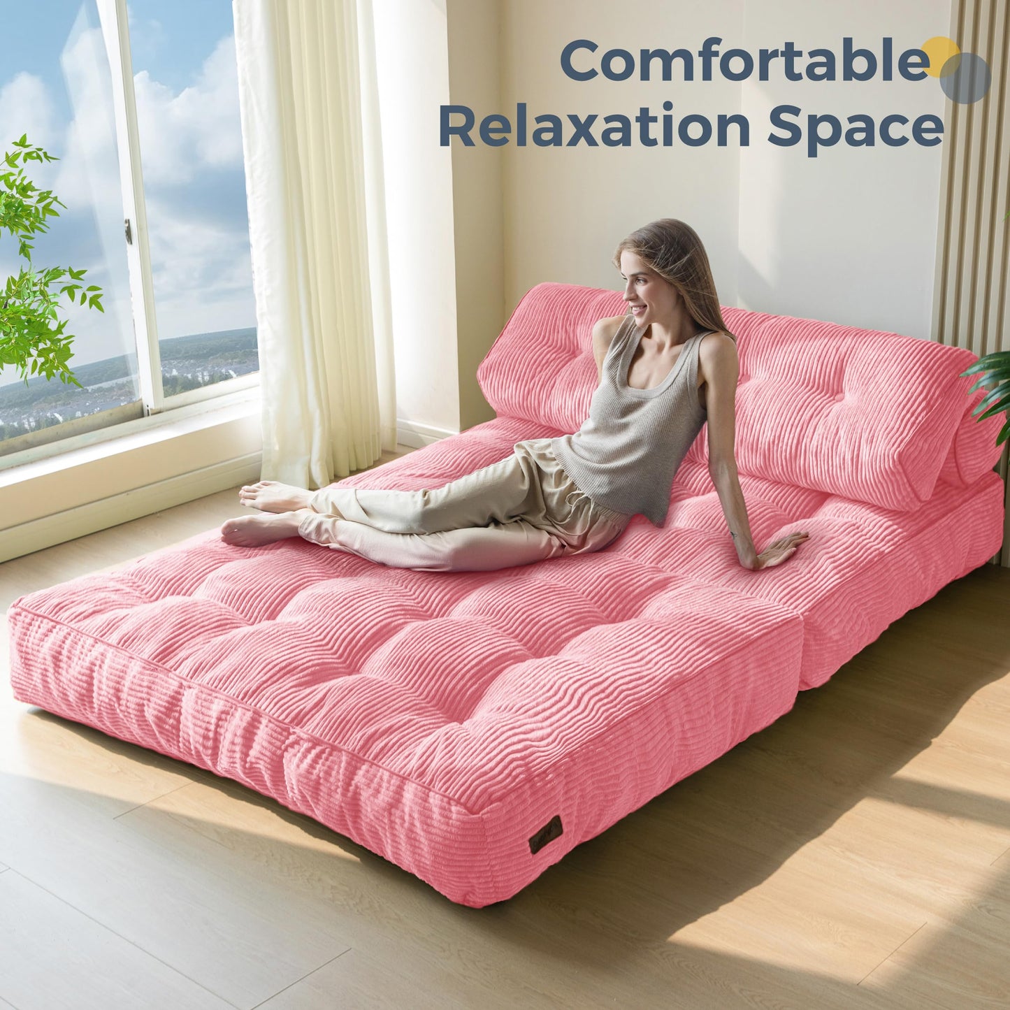 MAXYOYO Folding Sofa Bed, Convertible Chair with Pillow Foldable Couch with Back Support, Portable Fold Out Chair Bed Comfy Floor Sofa Lounge for Living Room Bedroom, Pink Double