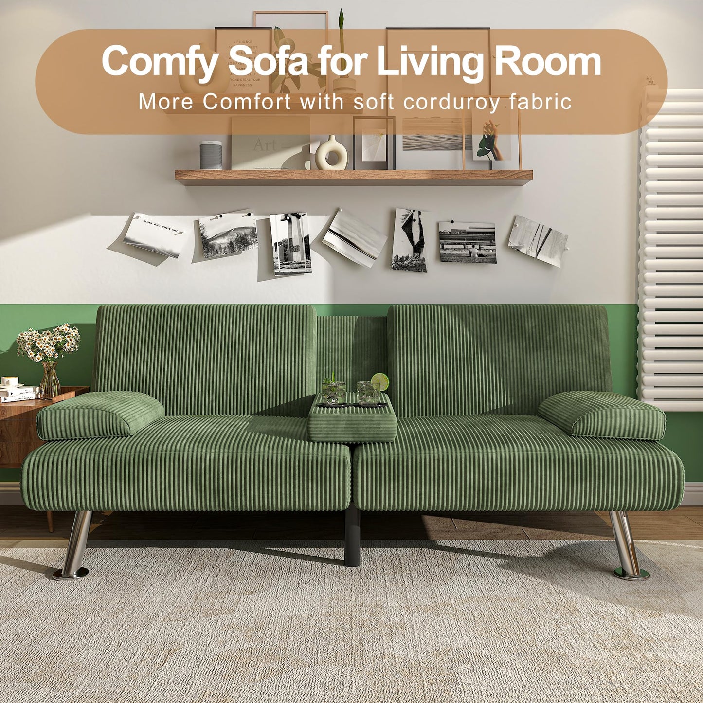 Shahoo Modern Upholstered Convertible Folding Futon Sofa Bed with Removable Armrests, Metal Legs, 2 Cup Holders for Living Room, Green