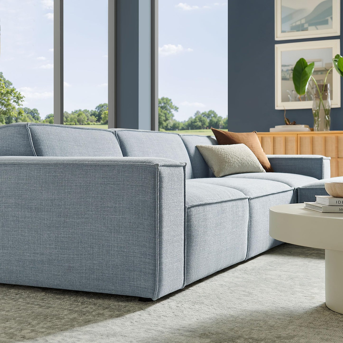 Modway Restore Performance Fabric Upholstered 4-Piece Modular Sofa Set with Ottoman in Sky - Low Profile Sectional Sofa with Coil Seat Support and French Piping