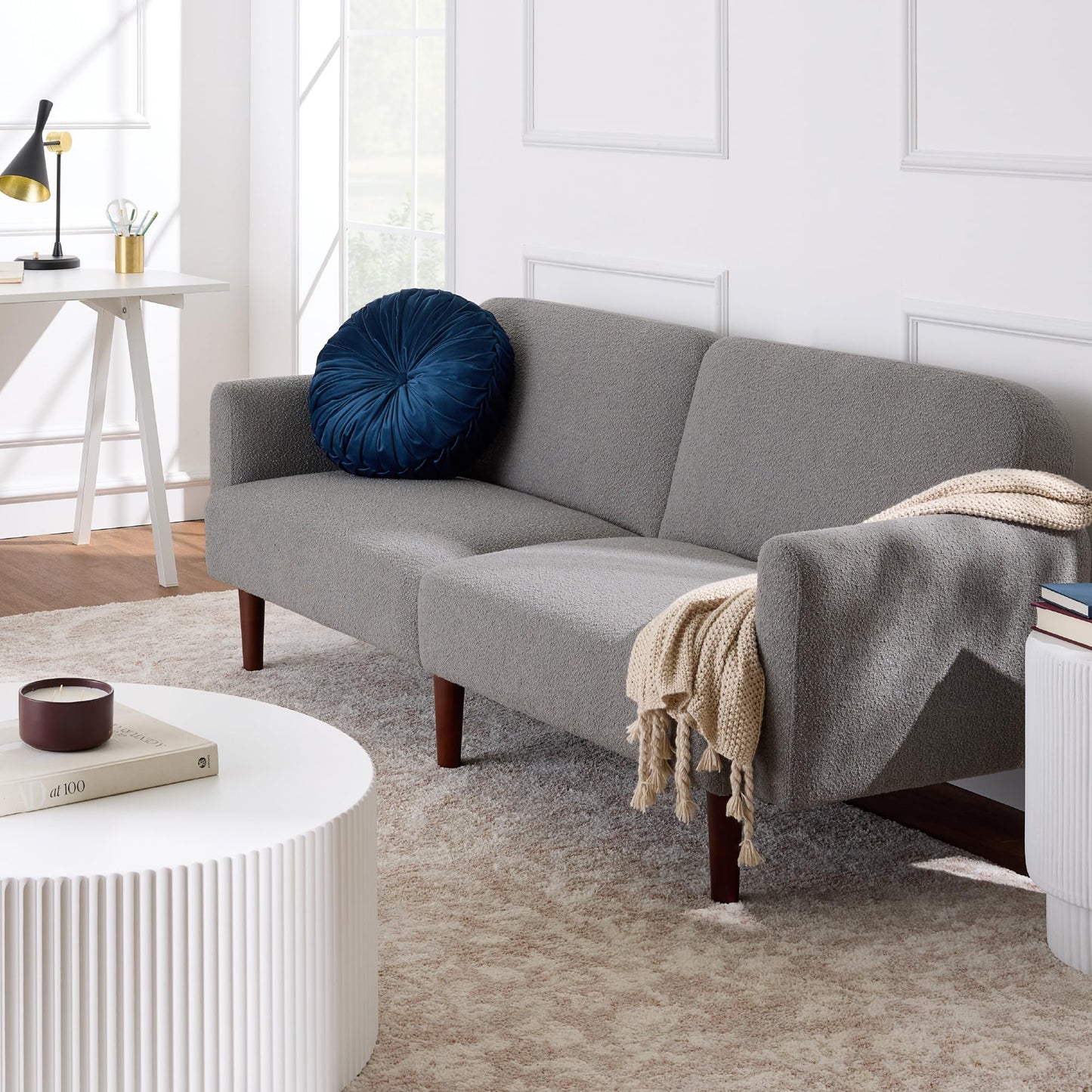 Best Choice Products 77" Mid Century Modern Boucle Loveseat Sofa, Couch, Convertible Sofa Sleeper Bed w/Real Wood, Removable Armrest - Storm Gray