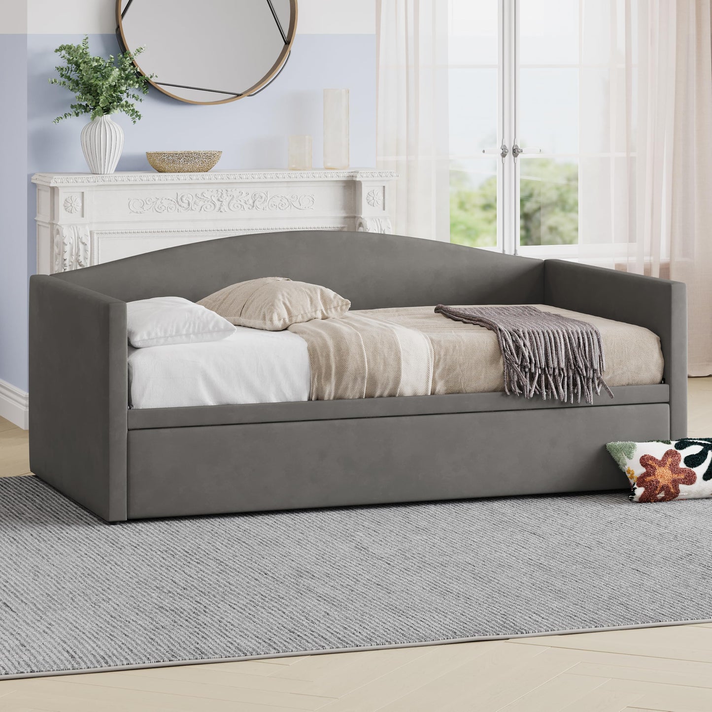 Merax Twin Size Velvet Daybed with Extended Pop Up Trundle, Upholstered Sofa Bed Daybed, Space-Saving Twin to King Design for Guest Room, Gray