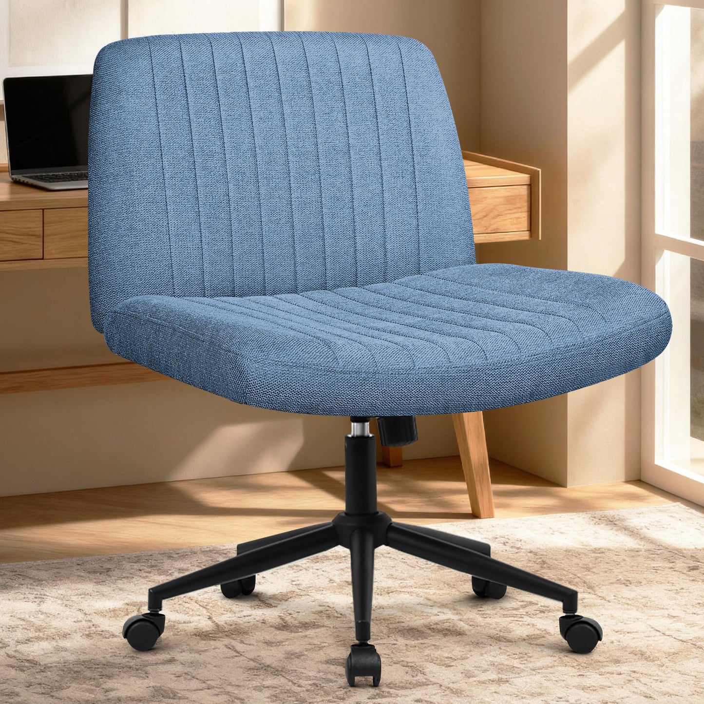 Orange Factory Criss Cross Chair Wheels Wide Cross Legged Office Desk Vanity Dual Base Comfy Fabric Armless Adjustable Swivel for Home Computer Task (Blue Dual Base, Fabric)
