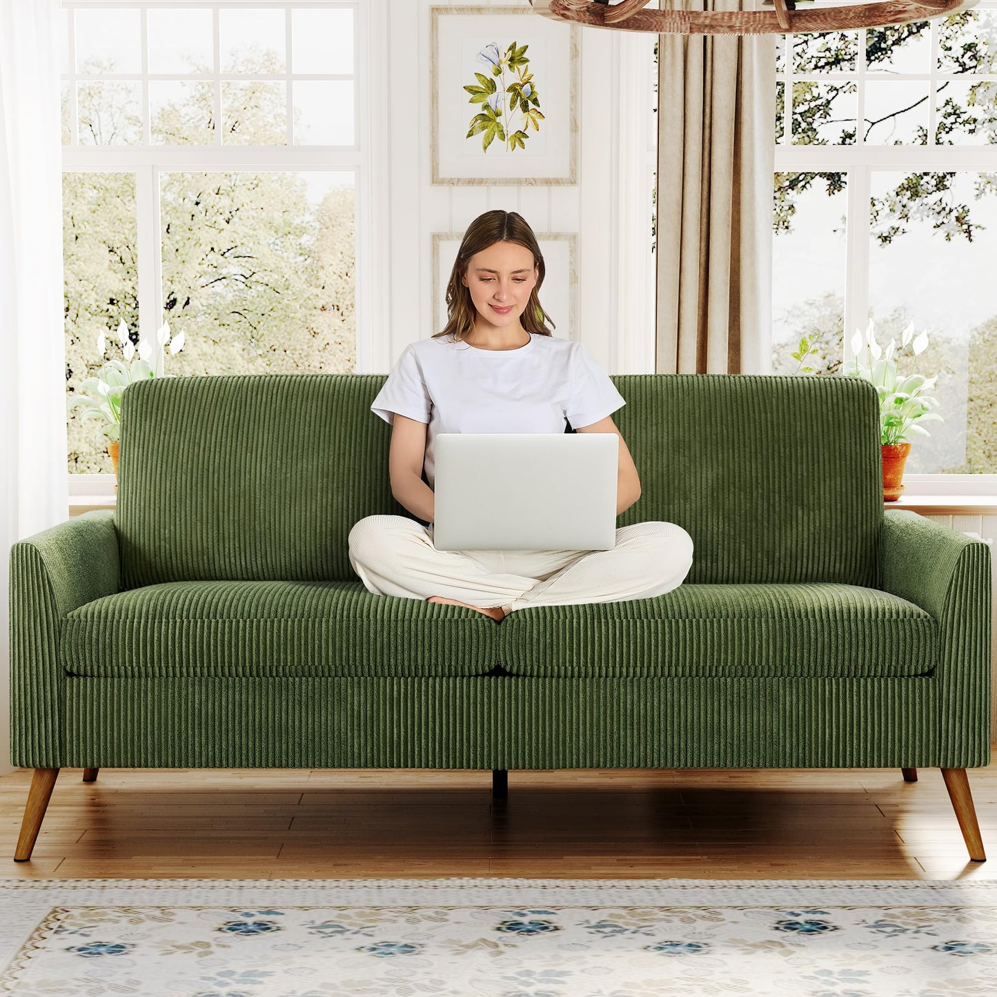 AMICLIBER 68" Loveseat Sofa, Comfy Green Corduroy Couches for Living Room, Mid Century Modern Love Seat Sofa, Tool-Free Setup Small Couches for Bedroom Office