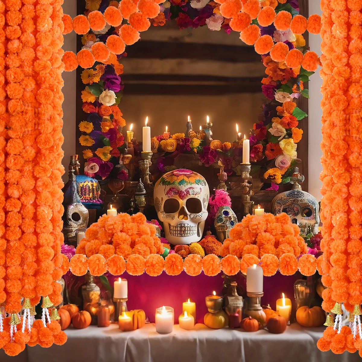 OCTERIC 6 Pcs 5 Ft Artificial Marigold Flowers Garland, Dia de Los Muertos Faux Garlands Diwali Decoration with Pendant Bell for Indian American Wedding Party Mantle Decor (Dark Orange)