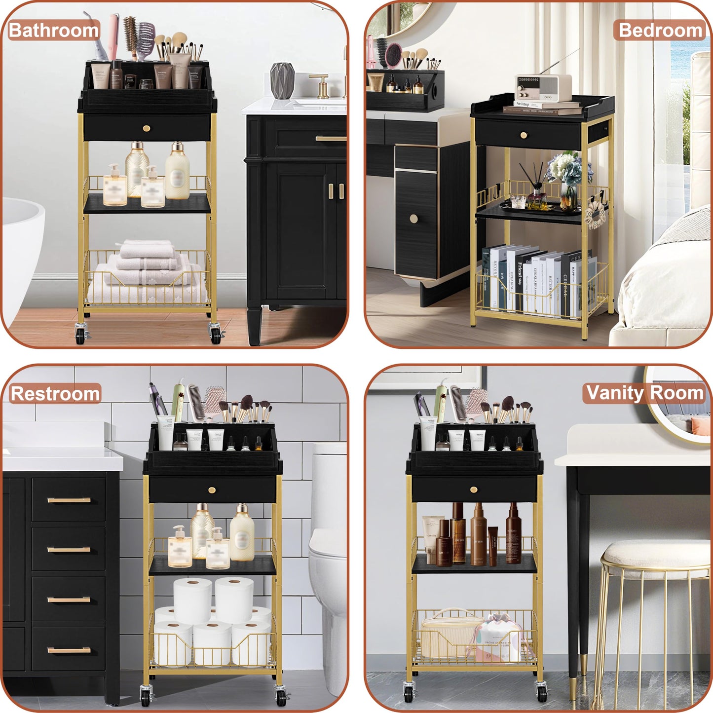 NauwaBarn Large Makeup Organizer Cart with Hair Tool Holder, Rolling Makeup Cart with Drawer, 2-in-1 Vanity Organizer Cosmetic Display Cases for Skin Care Perfume Nail Polish Brush Tools, Gold & Black