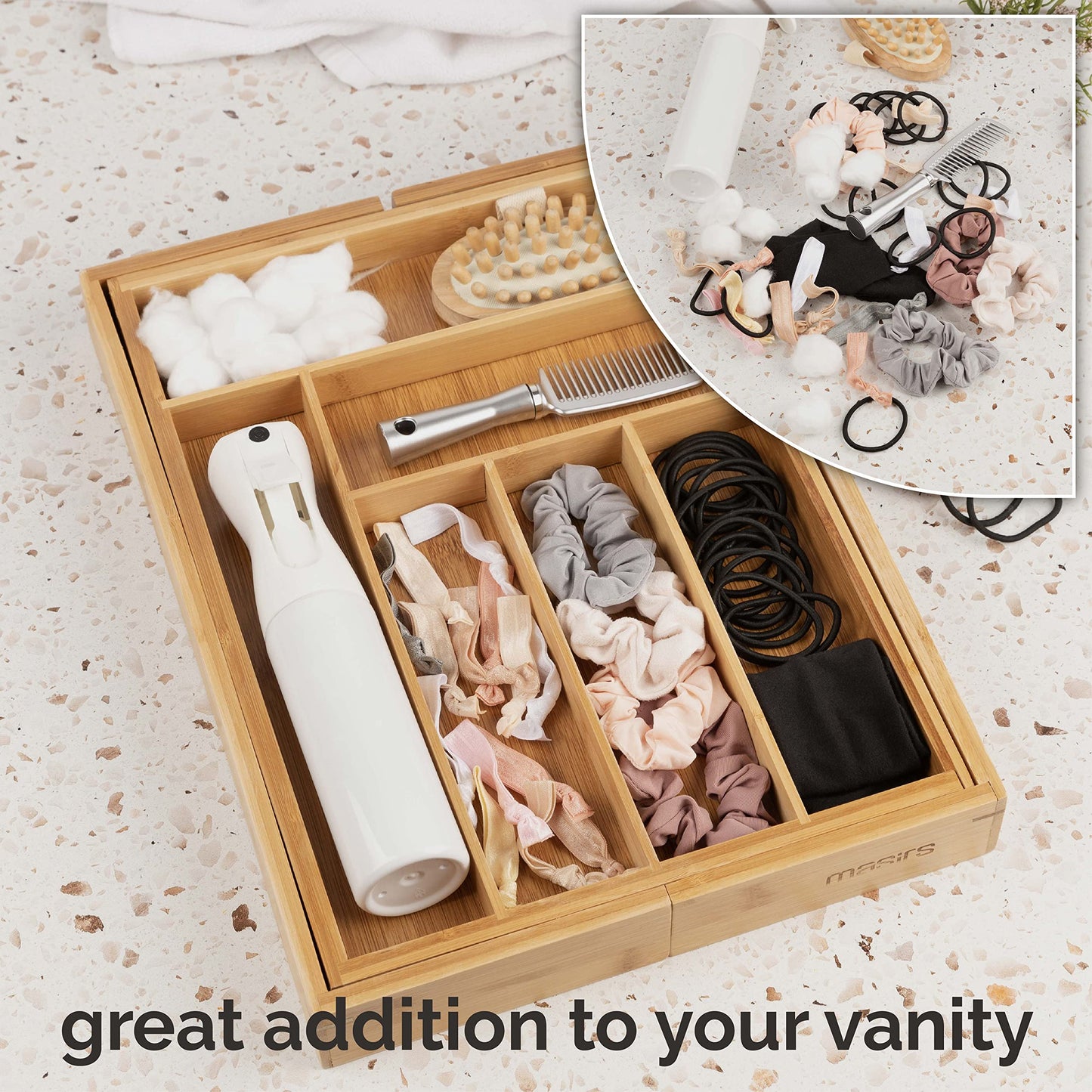 Masirs Expandable Bamboo Kitchen Drawer Organizer - Adjusts to Fit Drawer Size, Ideal for Silverware, Utensils, and Office Supplies, Durable Bamboo Construction