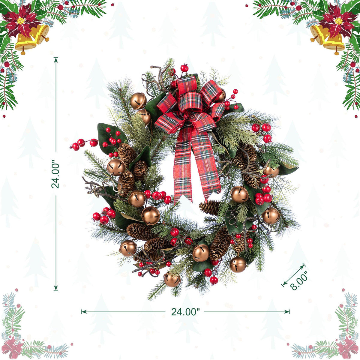Glitzhome 24 Inch Christmas Wreath with Bell Pinecone Berry Bow, Rustic Plaid Front Door Decor for Indoor and Covered Porch, Large Holiday Decoration