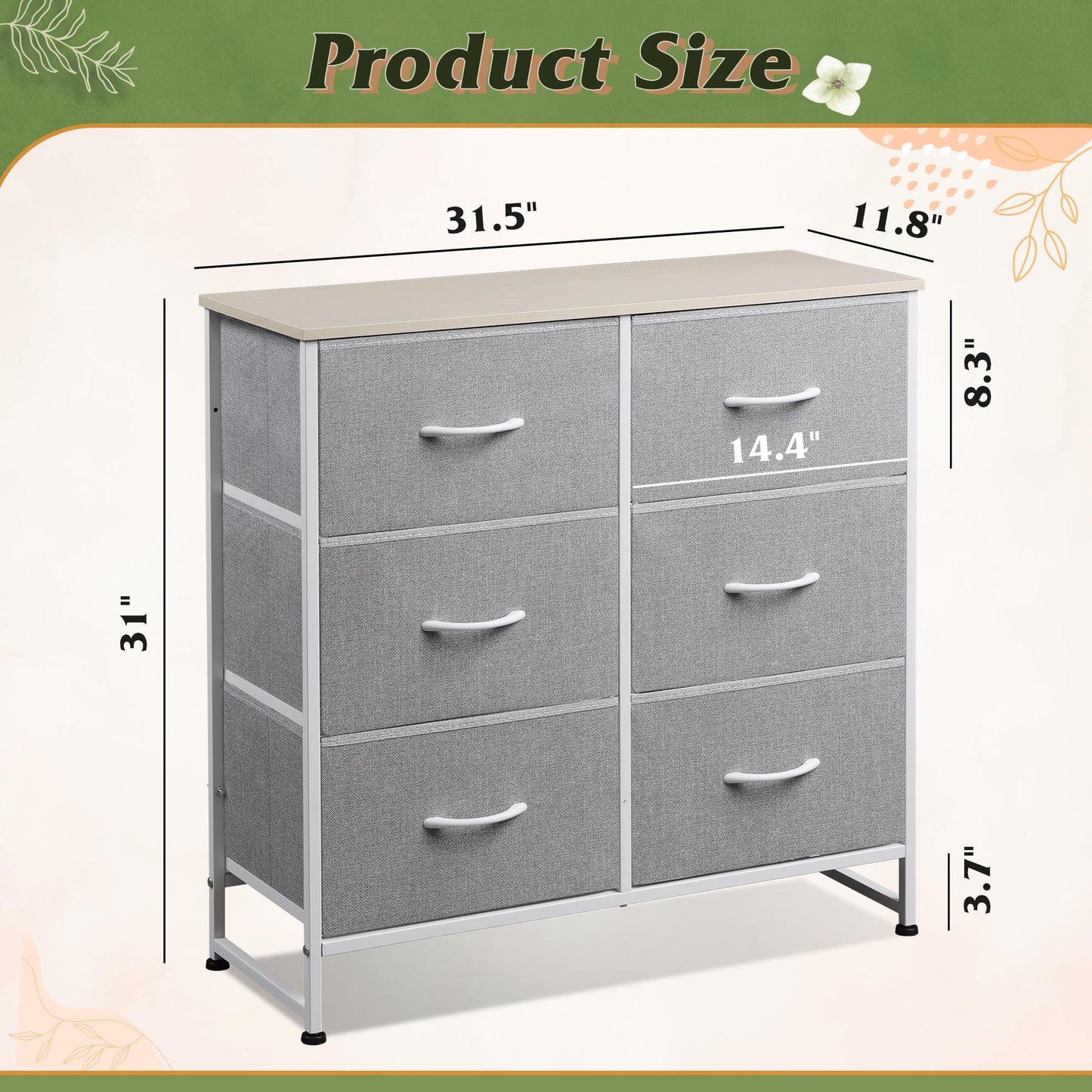 WLIVE Fabric Dresser for Bedroom, 6 Drawer Double Dresser, Closet Dresser with Fabric Bins, Chest of Drawers for Closet, Living Room, Hallway, Light Grey
